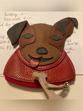 JP Ourse & Cie Red and Brown Dog Face Leather Zip Coin Purse - Cute
